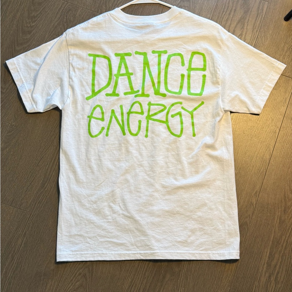 White Stussy T-Shirt with Green 'Dance Energy' medium
